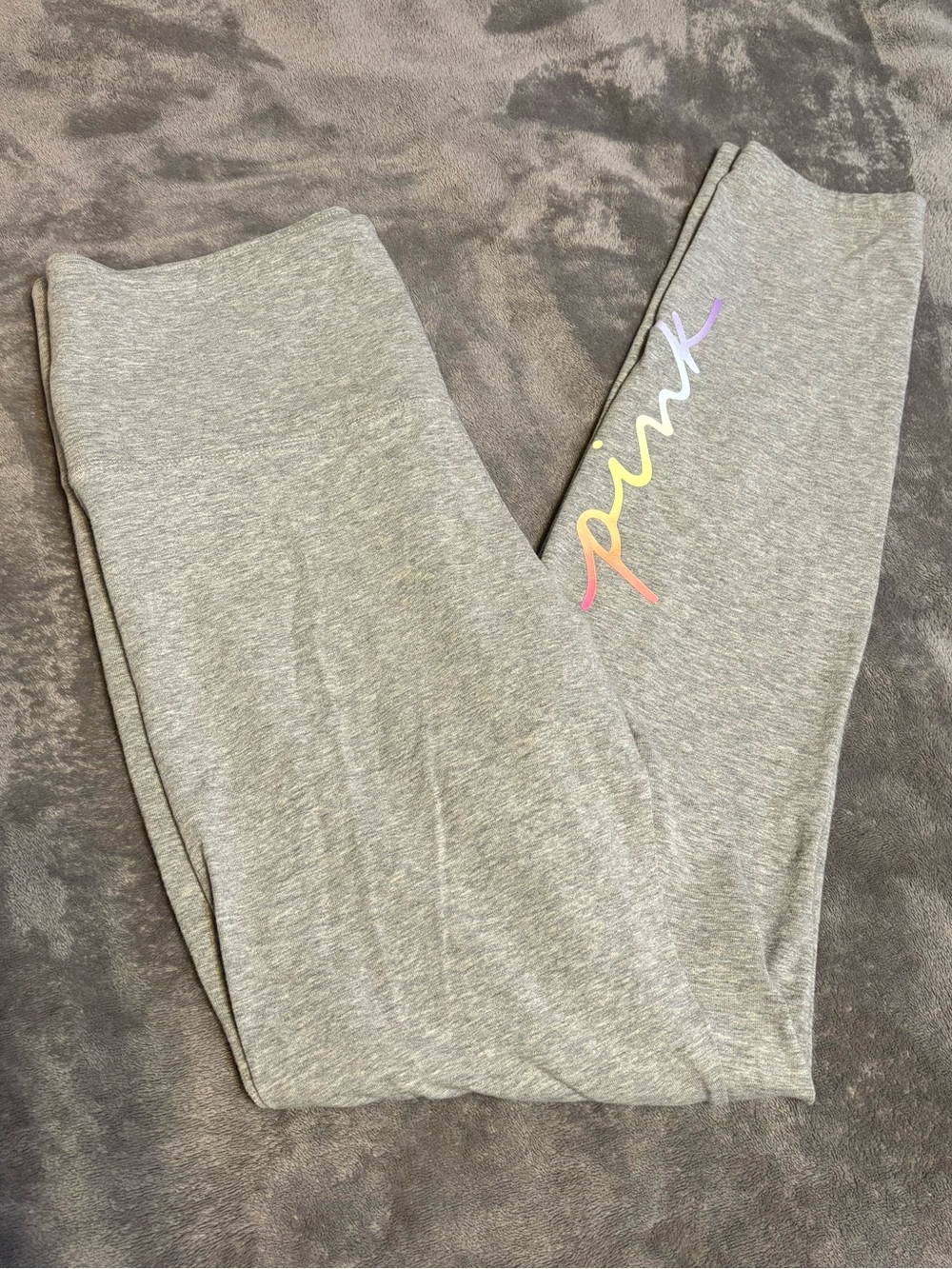 PINK Victoria's Secret Grey Leggings with Rainbow Script Logo